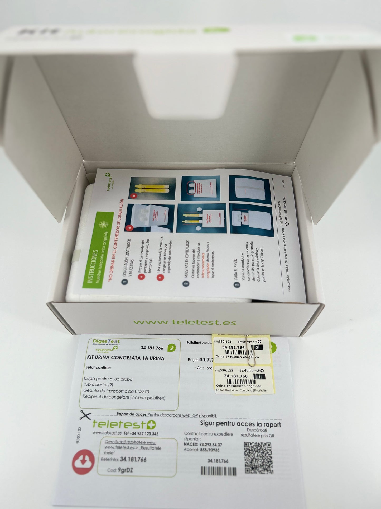 Kit test Acizi organici în urină -Profil Extins pentru evaluarea căilor metabolice, conținut în cutie cu instrucțiuni și cod de acces online.