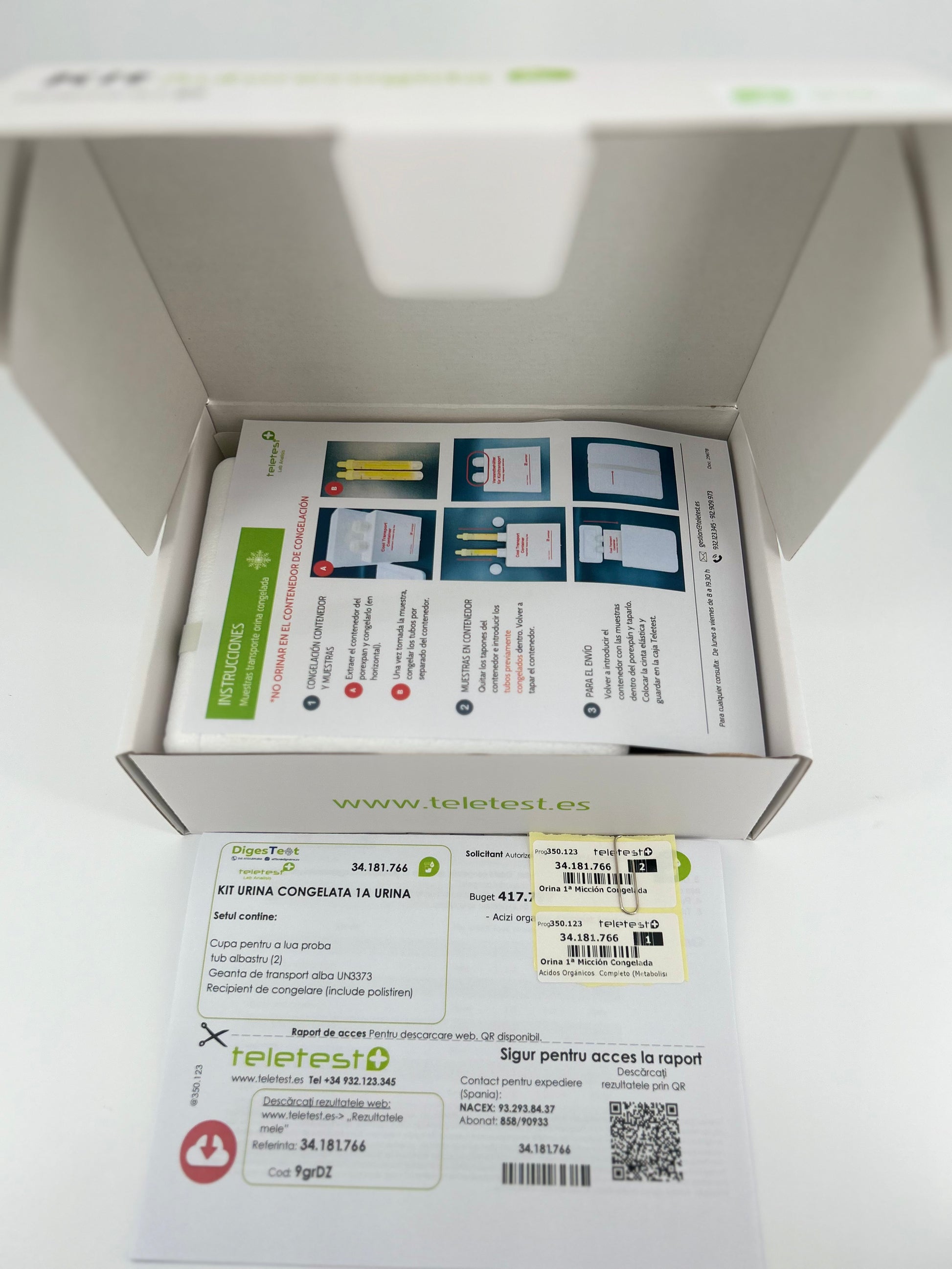 Kit test Acizi organici în urină -Profil Extins pentru evaluarea căilor metabolice, conținut în cutie cu instrucțiuni și cod de acces online.
